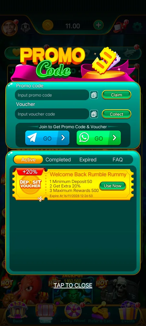 Rumble rummy promo code section screenshot