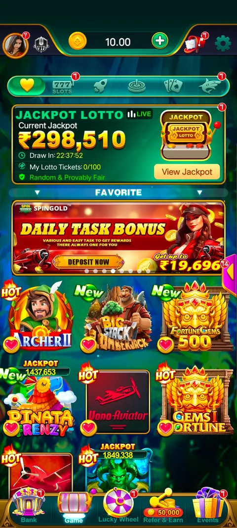Spin gold app home page screenshot