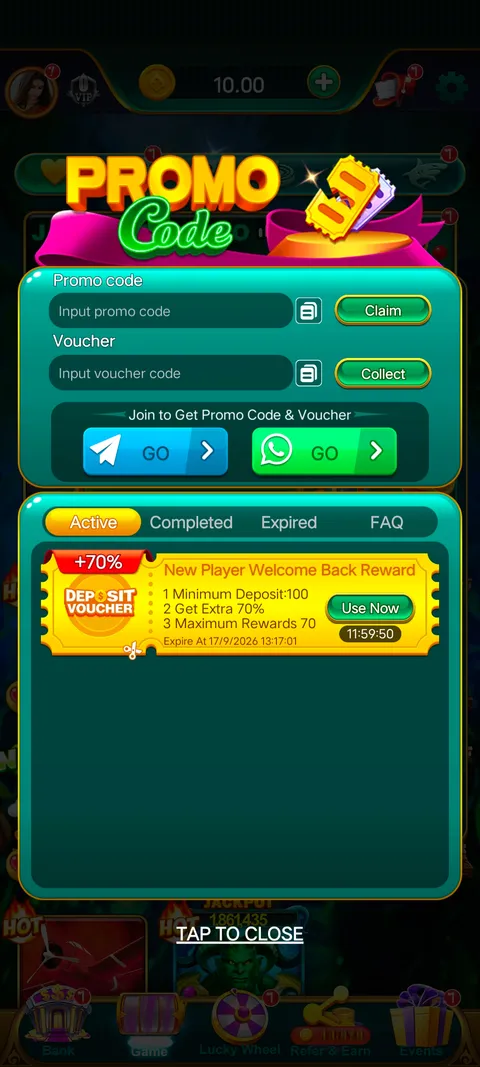 Spin gold promo code section screenshot