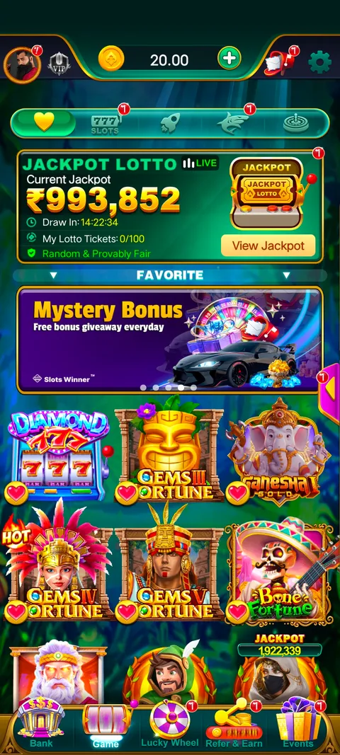 Slot winner app home page screenshot