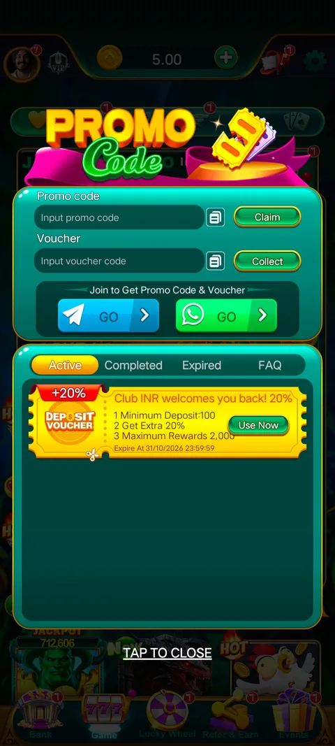 CLUB INR promo code section screenshot