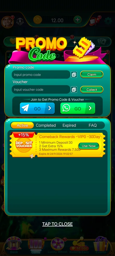 Love rummy promo code section screenshot