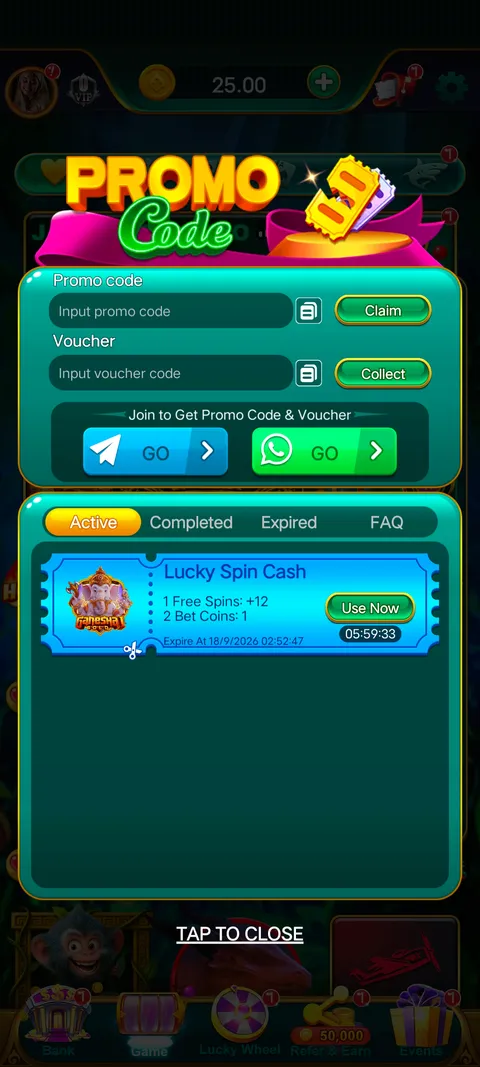 Yono slots promo code section screenshot