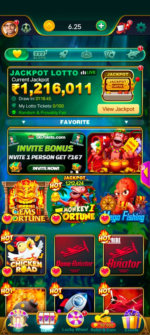 567 slot app home page screenshot