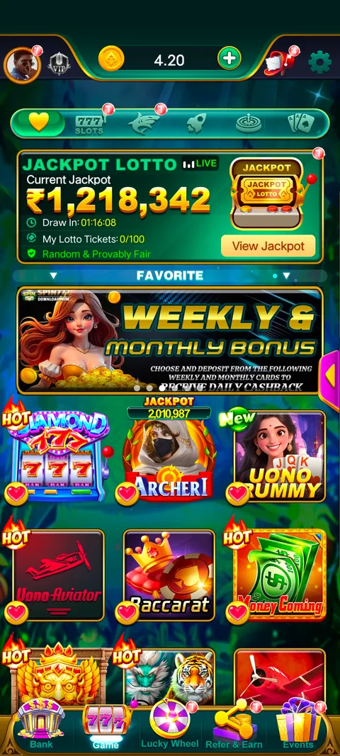 Spin777 app home page screenshot