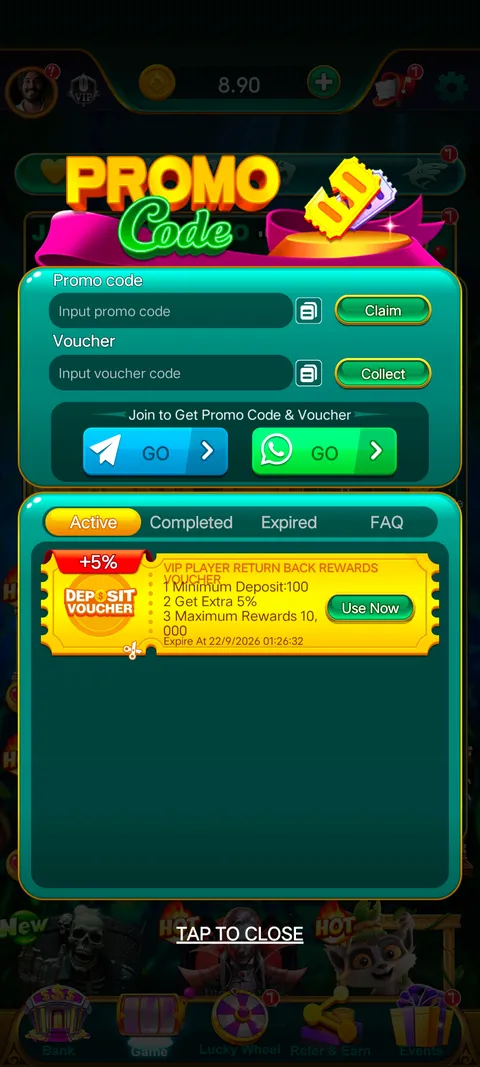 Yono games promo code section screenshot
