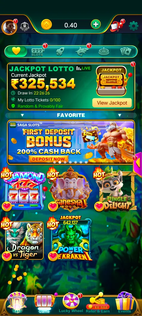 Saga slots app home page screenshot