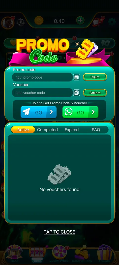 Saga slots promo code section screenshot