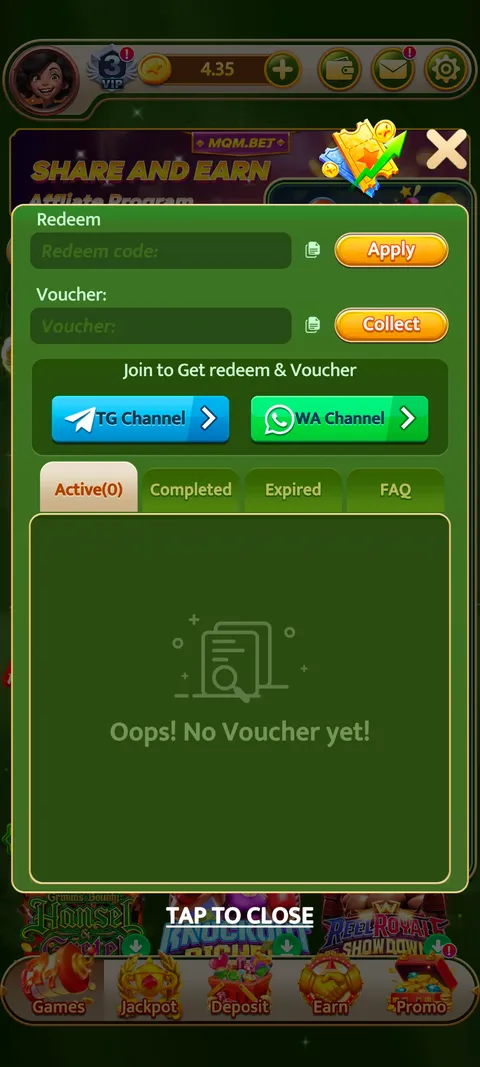 MQMBET promo code section screenshot