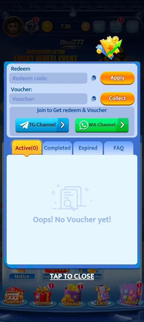 Diwa777 promo code section screenshot